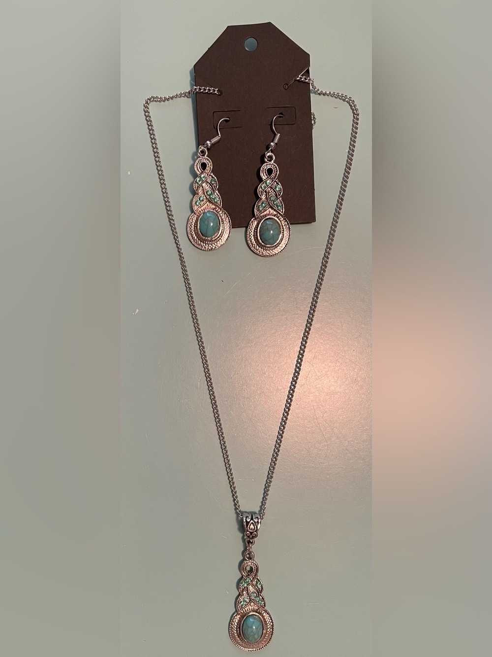 Turquoise Teardrop Silver Pendant Necklace & Earrings Set - with Real Turquoise